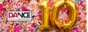 Confetti background with DA:NCE logo on left and 10 in balloons on right
