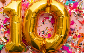 Confetti background with DA:NCE logo on left and 10 in balloons on right
